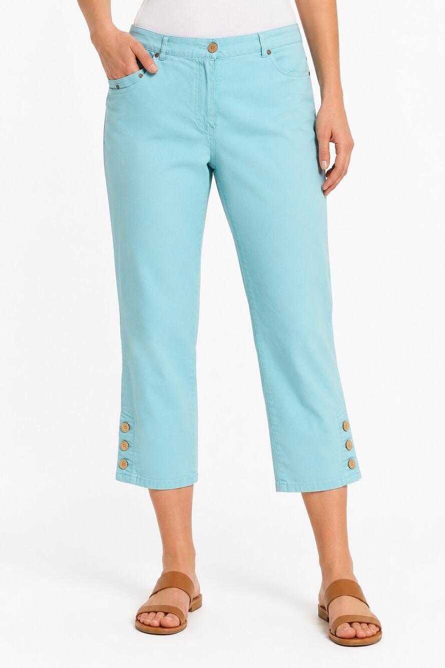 LR4405 Ruby Rd Size 12 Aqua Cropped Pants Button Hem Stretch Capri Ankle Pants